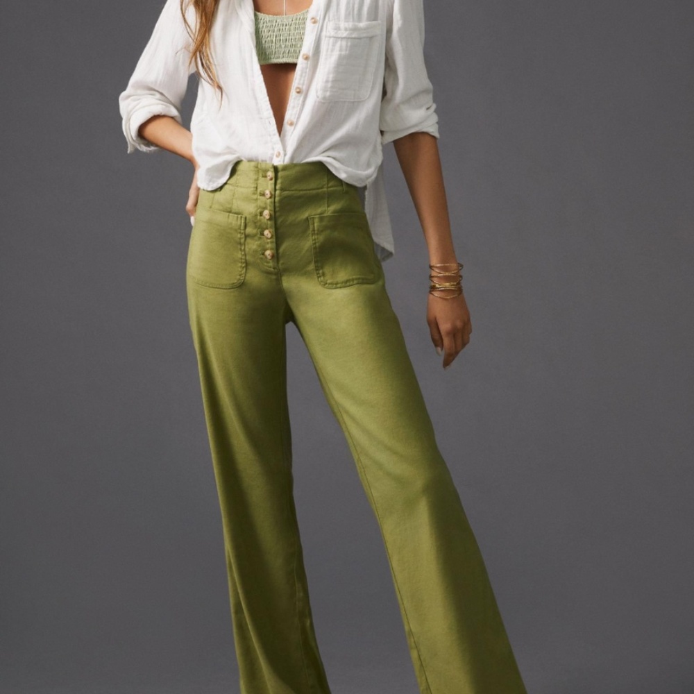 Anthropologie Olive Green High-Waist Wide Leg Button-Front Pants